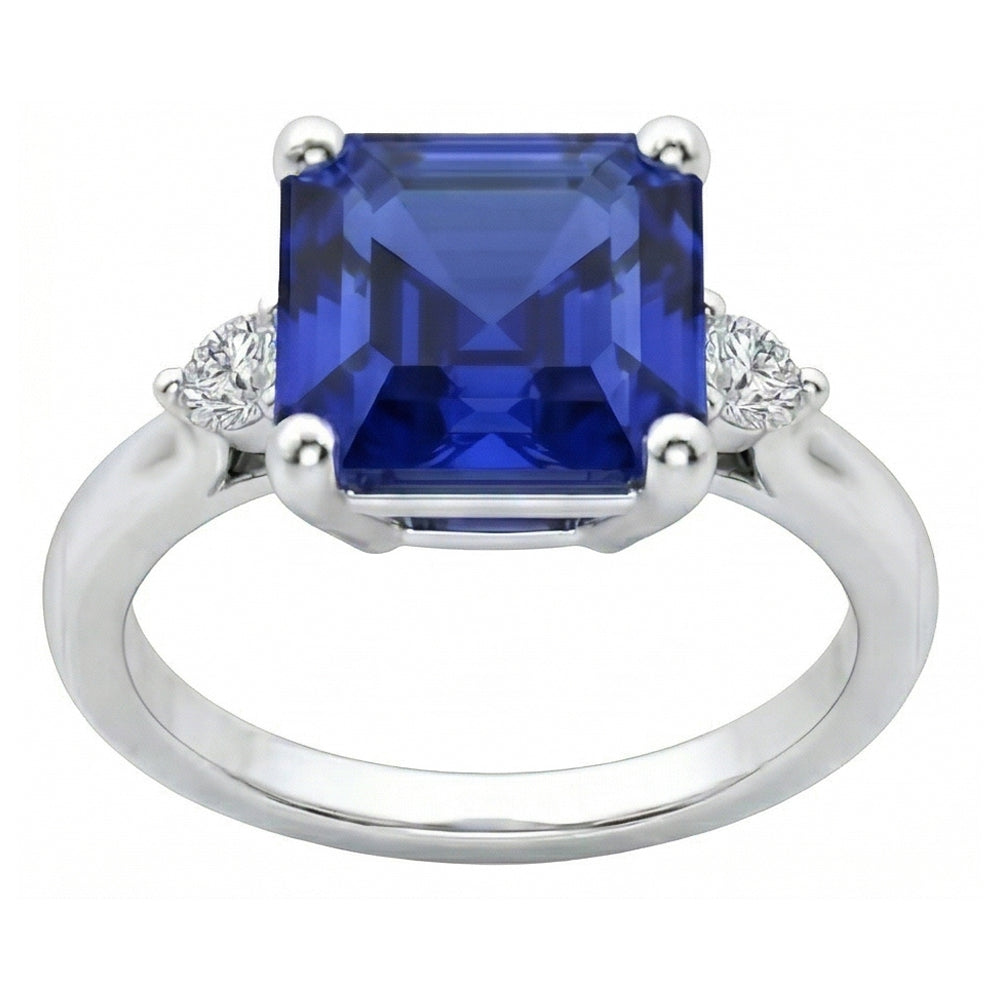 Kleiner runder Aus der Erde Abgebauter Natürlicher Diamant 3 Stein Blauer Saphir Ring Asscher Schliff 2,75 Karat