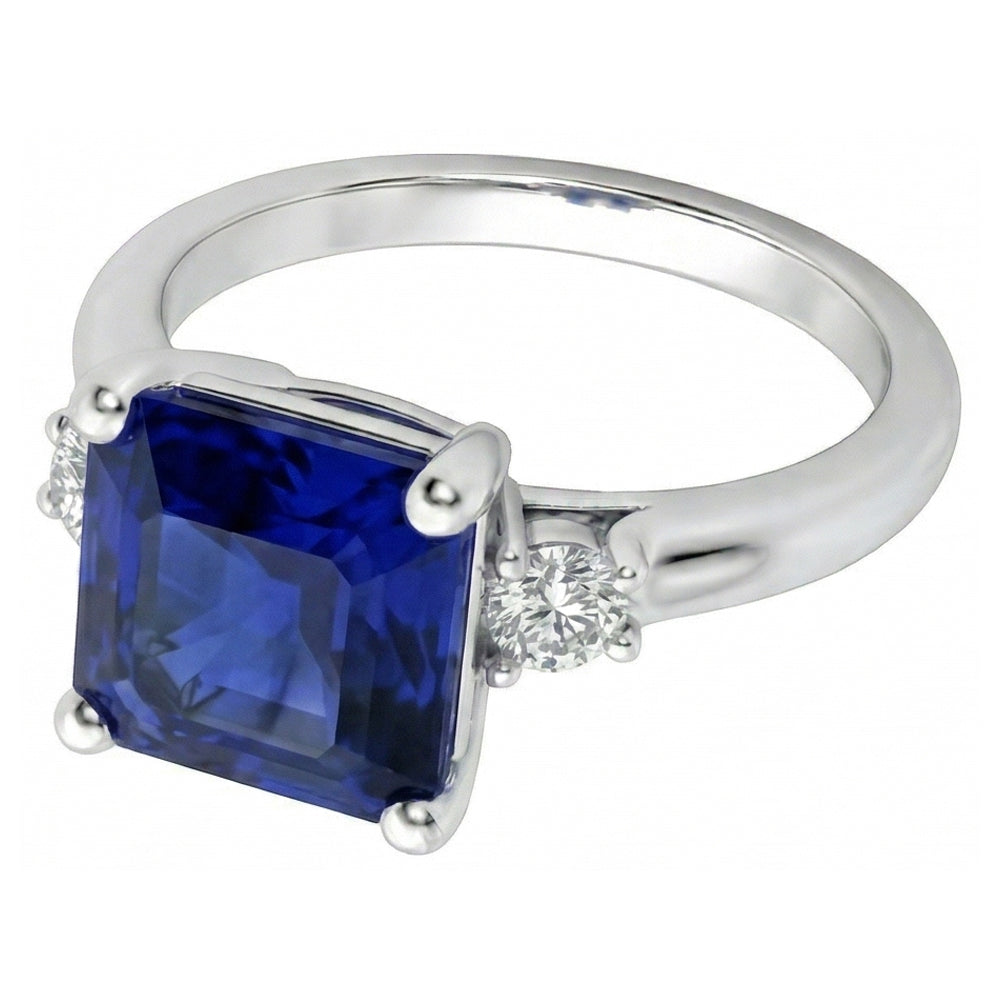 Kleiner runder Aus der Erde Abgebauter Natürlicher Diamant 3 Stein Blauer Saphir Ring Asscher Schliff 2,75 Karat