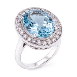 Krappen-Set 11 Kt Runder Aquamarin Und Aus der Erde Abgebauter Natürlicher Diamanten Ring Weißgold 14K