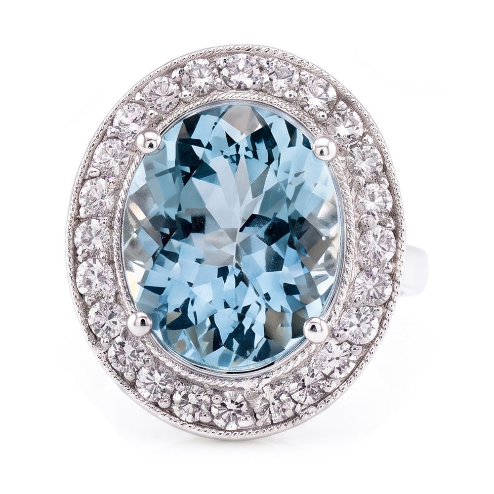Krappen-Set 11 Kt Runder Aquamarin Und Aus der Erde Abgebauter Natürlicher Diamanten Ring Weißgold 14K