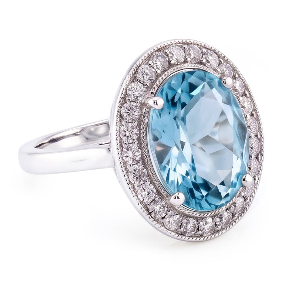 Krappen-Set 11 Kt Runder Aquamarin Und Aus der Erde Abgebauter Natürlicher Diamanten Ring Weißgold 14K