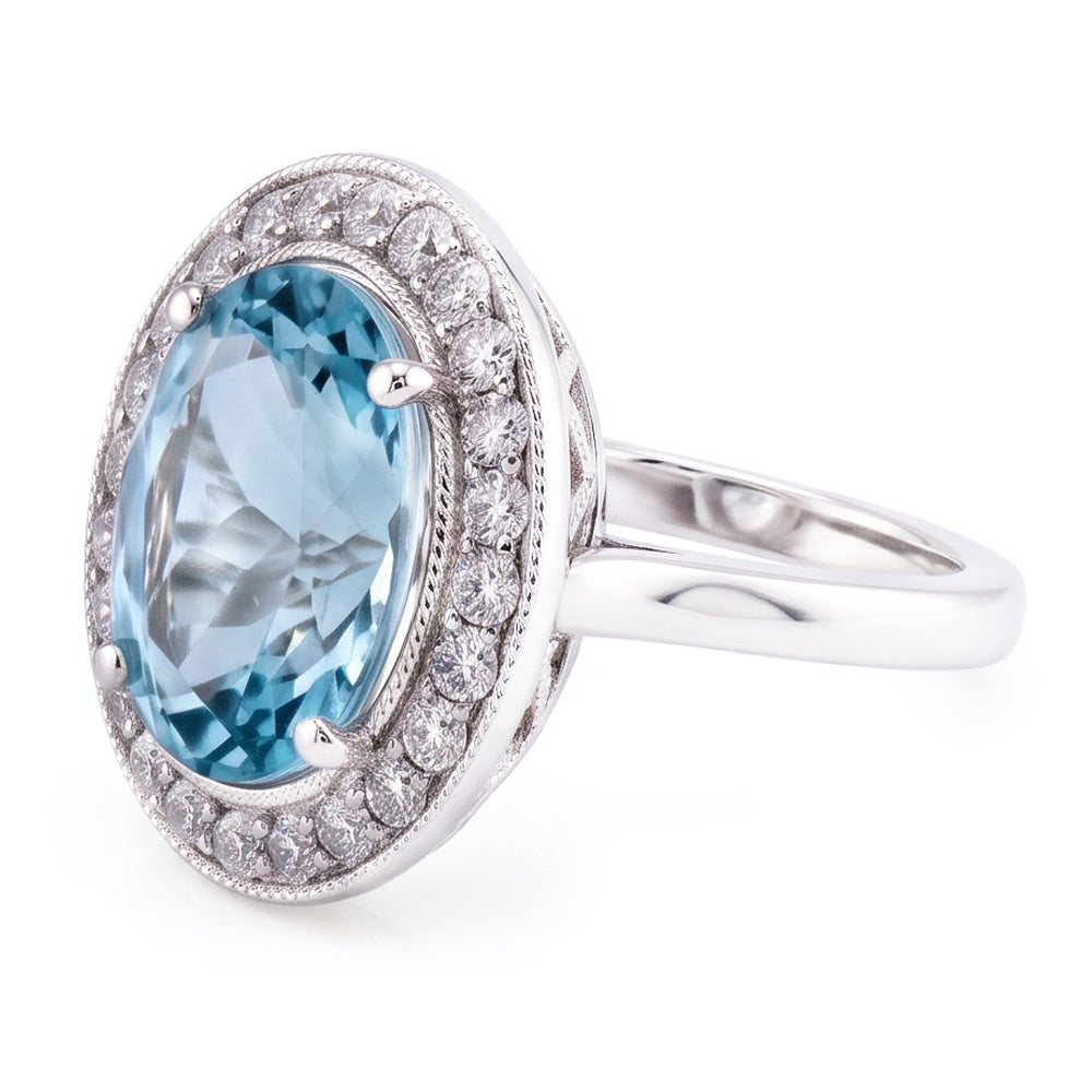 Krappen-Set 11 Kt Runder Aquamarin Und Aus der Erde Abgebauter Natürlicher Diamanten Ring Weißgold 14K