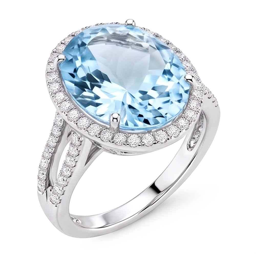 Krappen-Set Rundschliff 12 Karat Aquamarin und Aus der Erde Abgebauter Natürlicher Diamanten Ring Gold Weiß