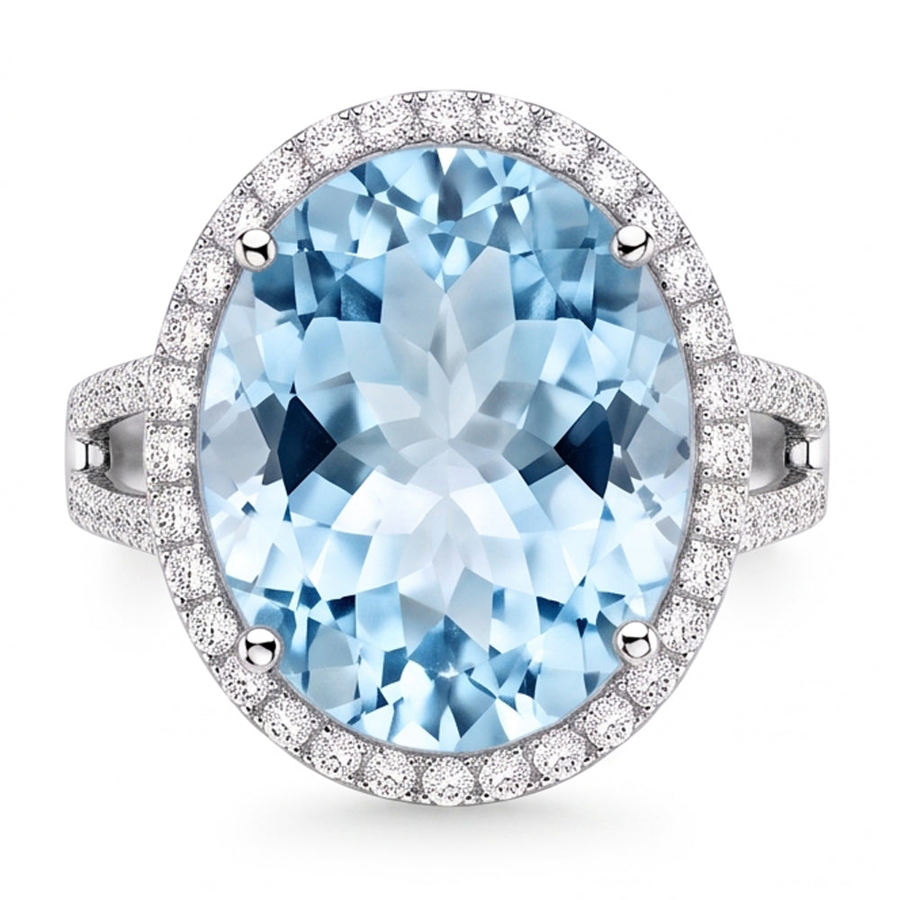Krappen-Set Rundschliff 12 Karat Aquamarin und Aus der Erde Abgebauter Natürlicher Diamanten Ring Gold Weiß