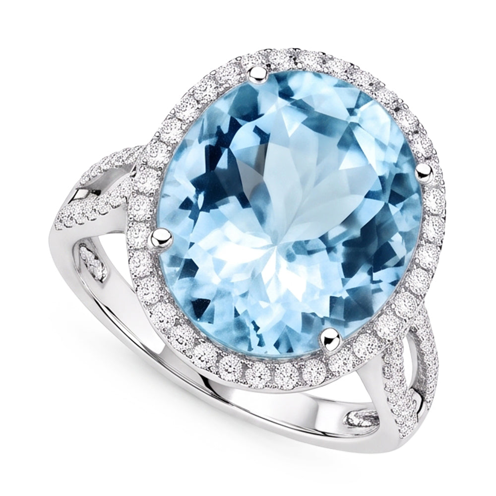 Krappen-Set Rundschliff 12 Karat Aquamarin und Aus der Erde Abgebauter Natürlicher Diamanten Ring Gold Weiß