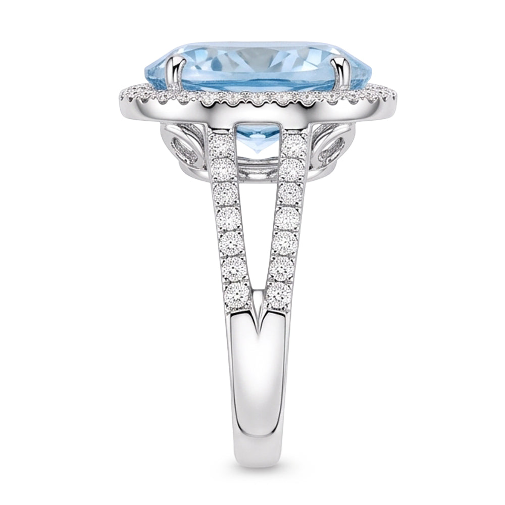 Krappen-Set Rundschliff 12 Karat Aquamarin und Aus der Erde Abgebauter Natürlicher Diamanten Ring Gold Weiß