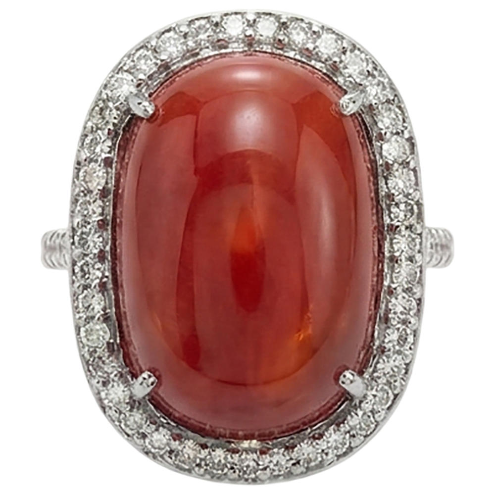 Krappenset 14 Karat Ovale Rote Koralle Mit Runden Aus der Erde Abgebauter Natürlicher Diamantring
