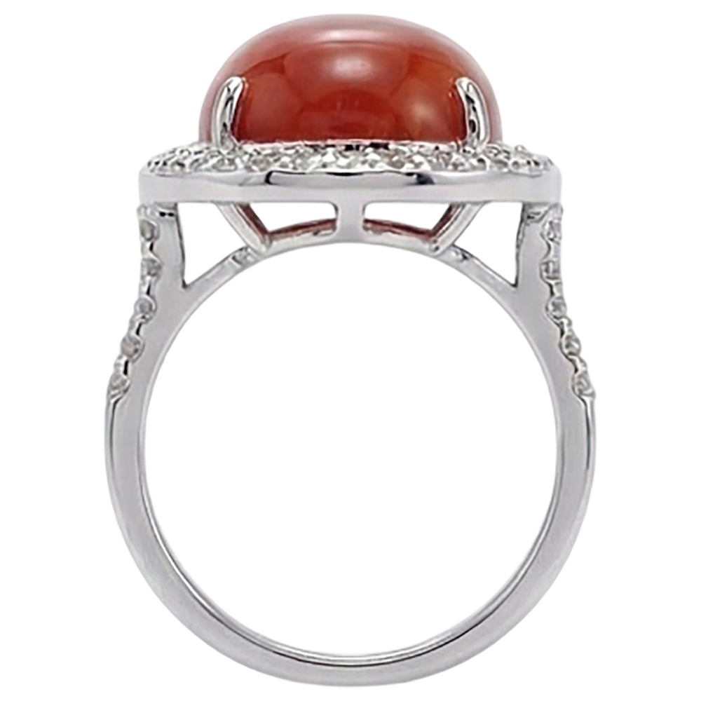 Krappenset 14 Karat Ovale Rote Koralle Mit Runden Aus der Erde Abgebauter Natürlicher Diamantring