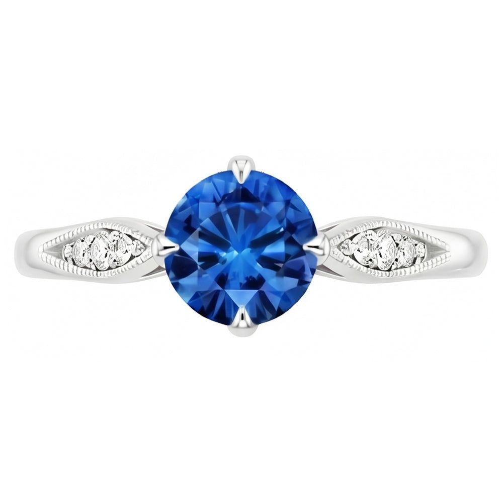 Krappenset 2.40 Karat Rundschliff Ceylon Saphir & Aus der Erde Abgebauter Natürlicher Diamanten Ring WG 14K