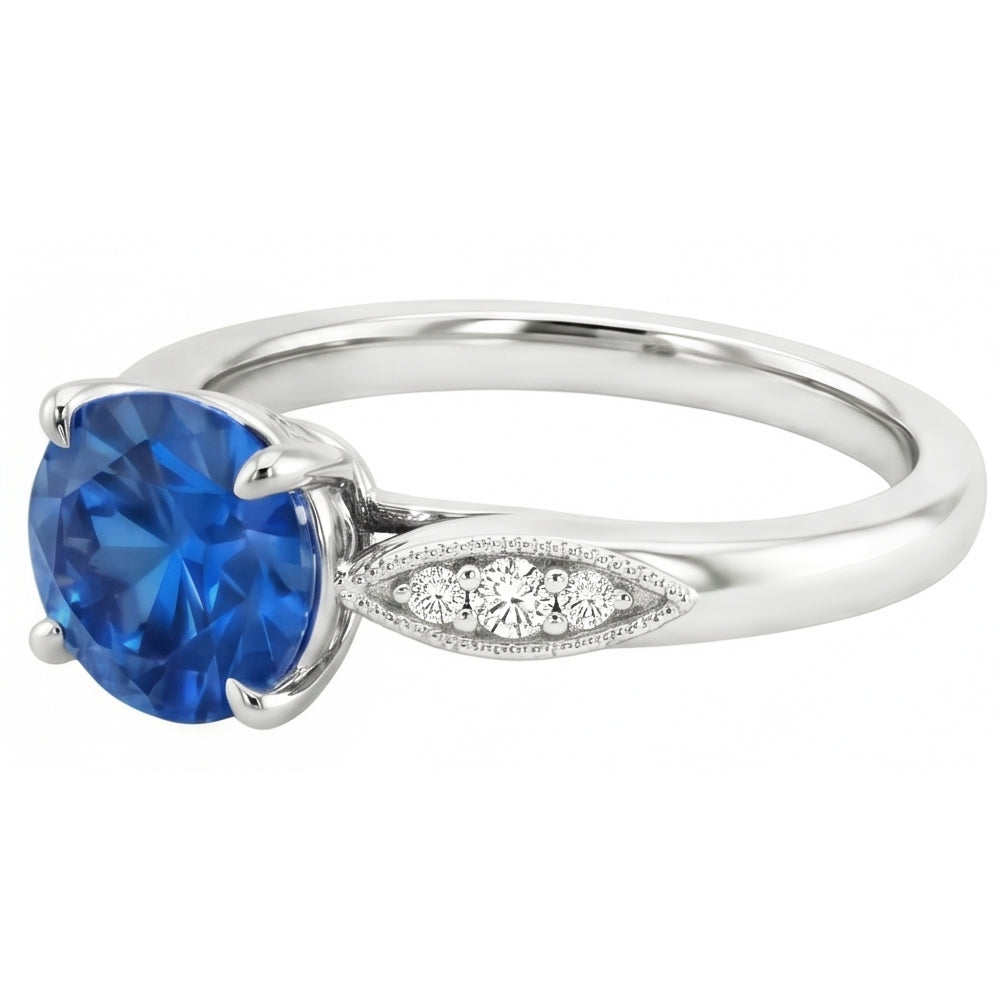 Krappenset 2.40 Karat Rundschliff Ceylon Saphir & Aus der Erde Abgebauter Natürlicher Diamanten Ring WG 14K
