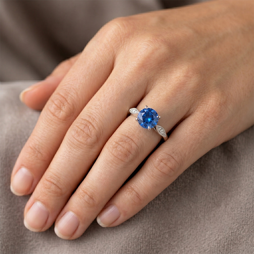 Krappenset 2.40 Karat Rundschliff Ceylon Saphir & Aus der Erde Abgebauter Natürlicher Diamanten Ring WG 14K