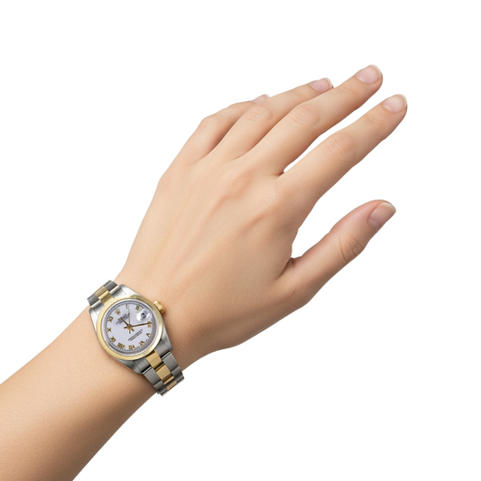 Lünette, weißes römisches Zifferblatt, Datejust Rolex-Uhr, Edelstahl und goldenes Armband P2