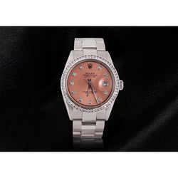 Lachsfarbenes Diamant-Zifferblatt mit Lünette, Edelstahl-Oyster-Herrenuhr, Rolex Datejust, SCHNELLES EINSTELLEN