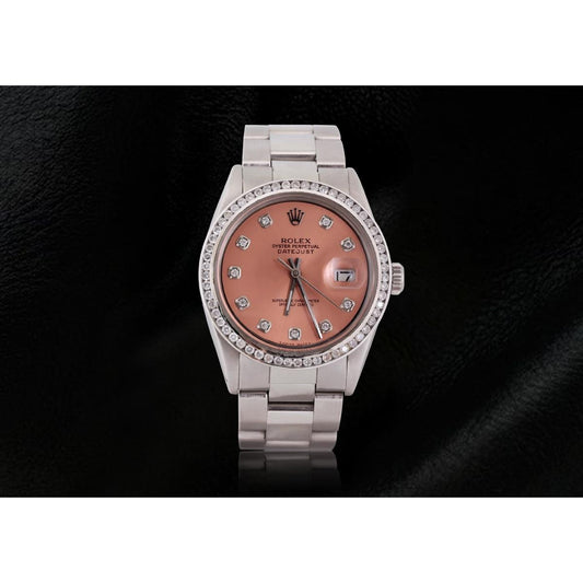 Lachsfarbenes Diamant-Zifferblatt mit Lünette, Edelstahl-Oyster-Herrenuhr, Rolex Datejust, SCHNELLES EINSTELLEN