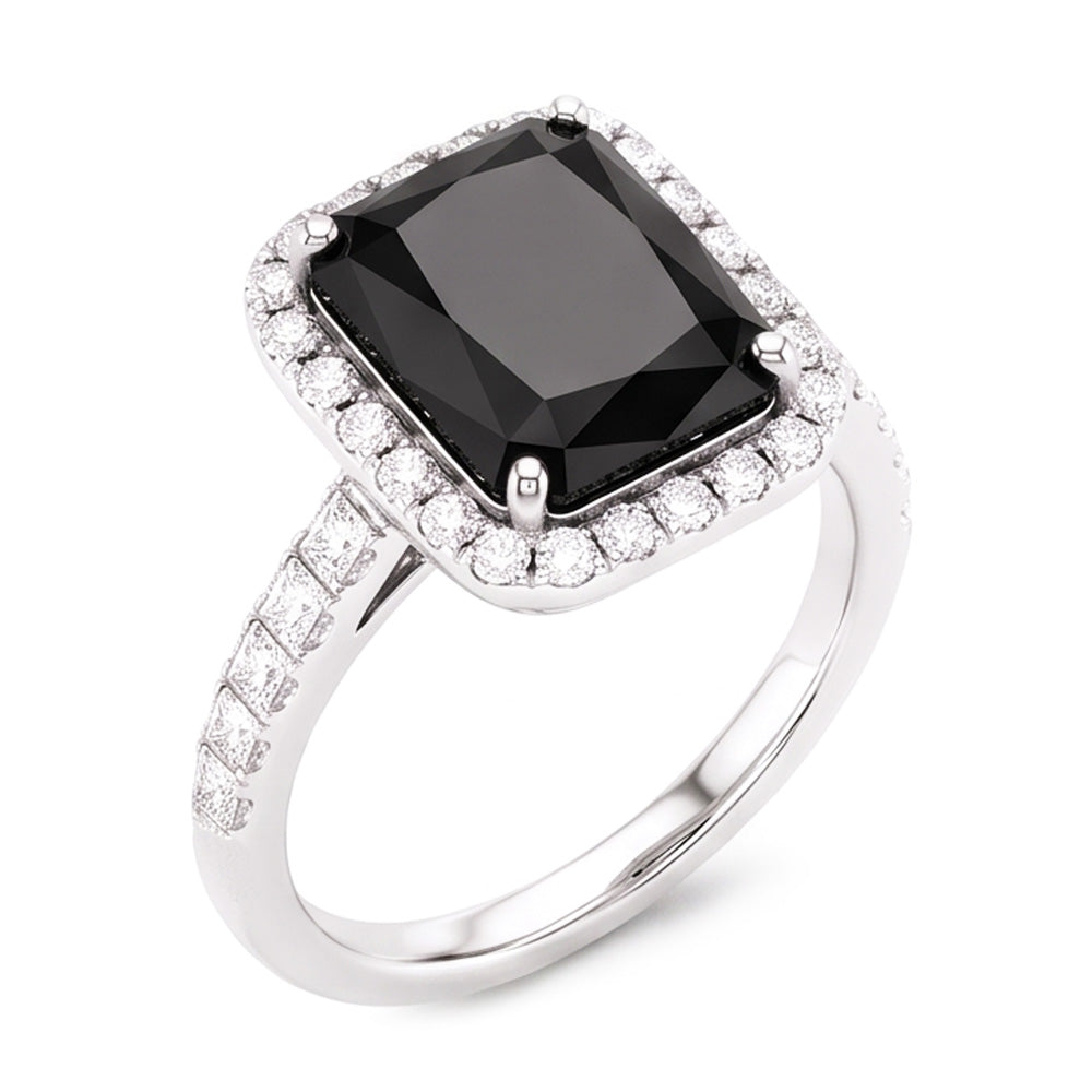 Damenring mit schwarzem Diamanten 7 Karat Natürlicher Radiantschliff Halo 14 Karat Weißgold
