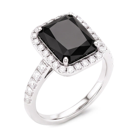 Damenring mit schwarzem Diamanten 7 Karat Natürlicher Radiantschliff Halo 14 Karat Weißgold