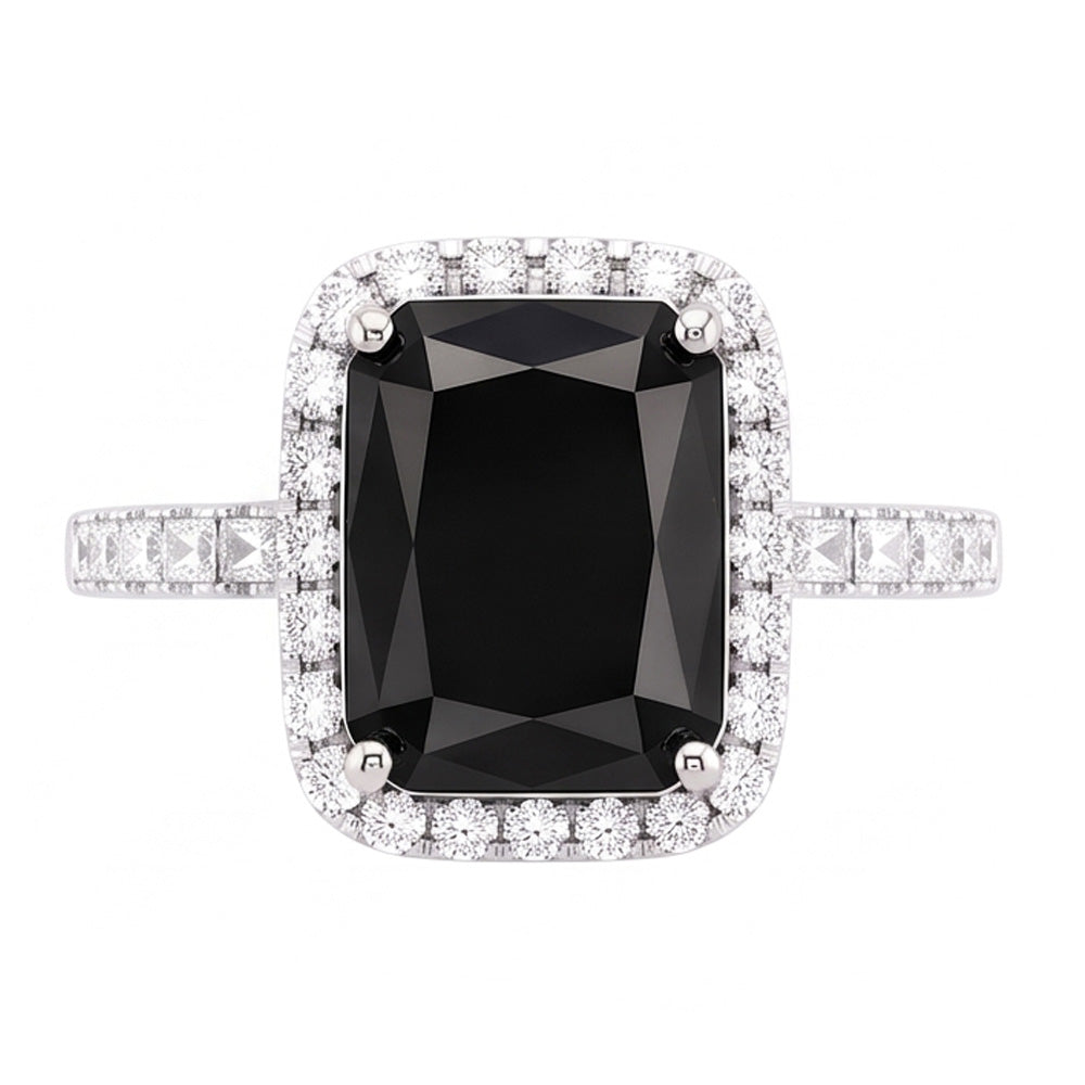 Damenring mit schwarzem Diamanten 7 Karat Natürlicher Radiantschliff Halo 14 Karat Weißgold