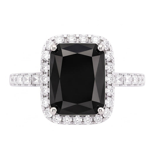 Damenring mit schwarzem Diamanten 7 Karat Natürlicher Radiantschliff Halo 14 Karat Weißgold