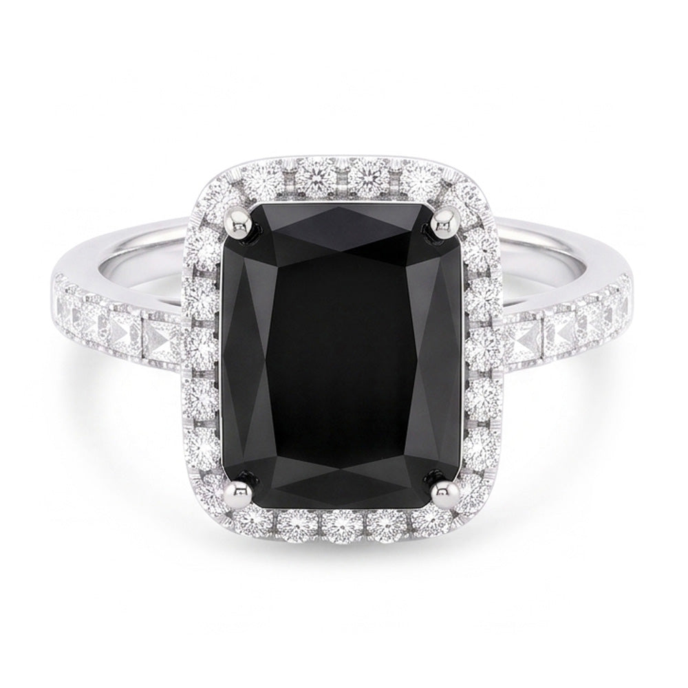 Damenring mit schwarzem Diamanten 7 Karat Natürlicher Radiantschliff Halo 14 Karat Weißgold