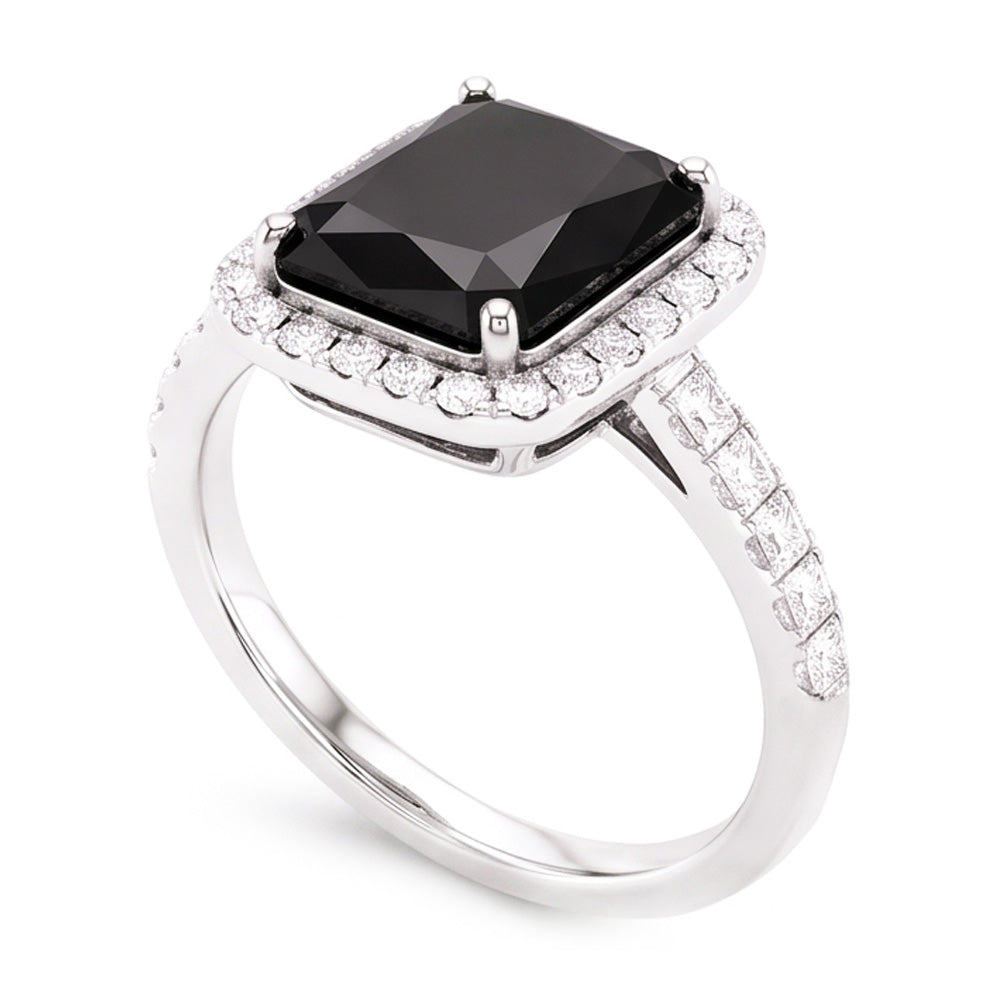 Damenring mit schwarzem Diamanten 7 Karat Natürlicher Radiantschliff Halo 14 Karat Weißgold