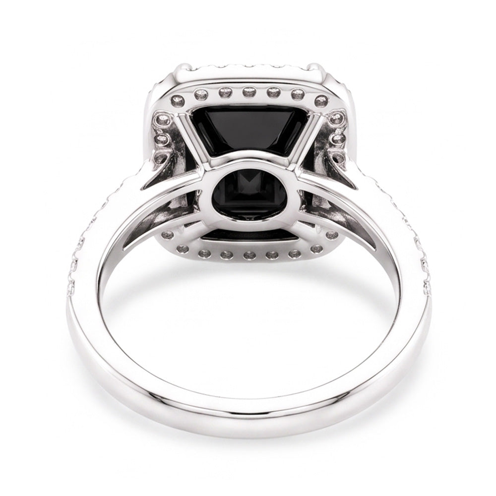 Damenring mit schwarzem Diamanten 7 Karat Natürlicher Radiantschliff Halo 14 Karat Weißgold