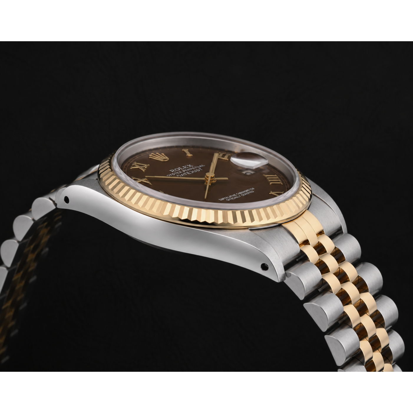 Damen Rolex 31mm Datejust Bicolor Schokoladenfarbenes Zifferblatt mit römischen Ziffern Armbanduhr
