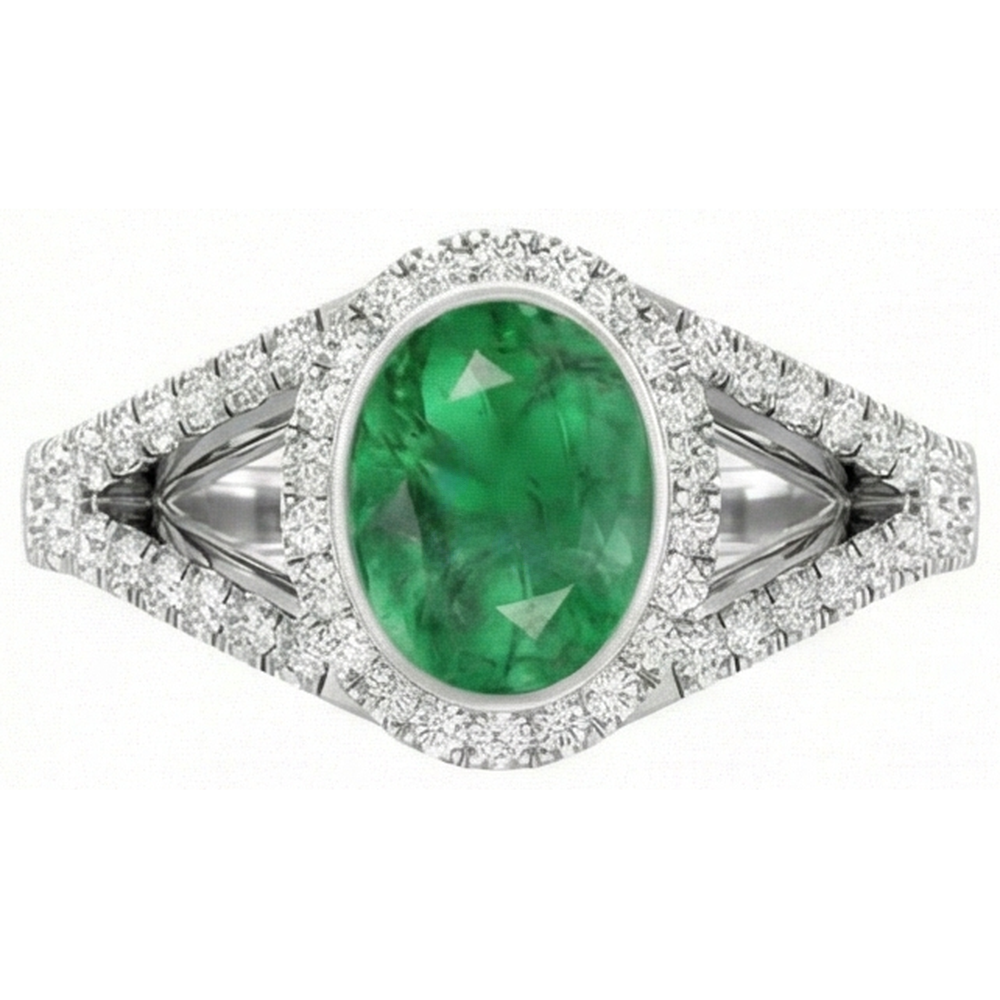 Lünette Mit Grün Smaragd Und Aus der Erde Abgebauter Natürlicher Diamanten 4,25 Ct Jubiläumsring Weißgold