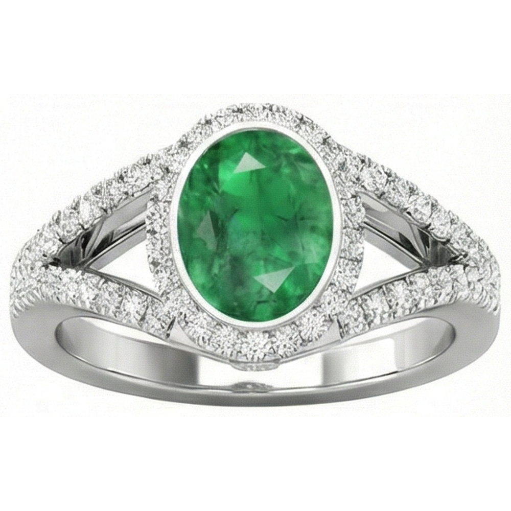 Lünette Mit Grün Smaragd Und Aus der Erde Abgebauter Natürlicher Diamanten 4,25 Ct Jubiläumsring Weißgold