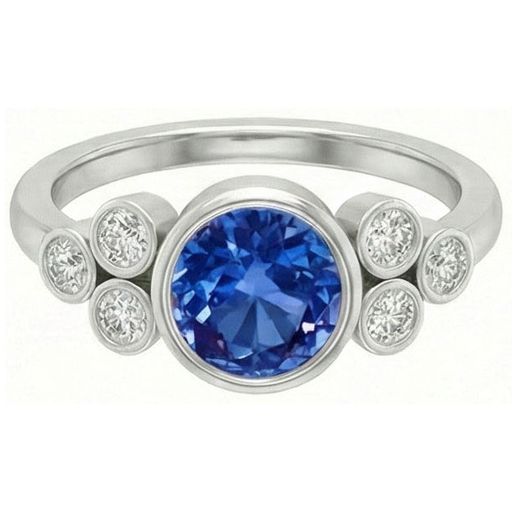 Lünette Set Ceylon Saphir und Aus der Erde Abgebauter Natürlicher Diamant Ring Weißgold 14K 2.70 Ct