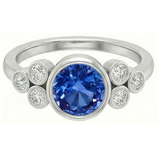 Lünette Set Ceylon Saphir und Aus der Erde Abgebauter Natürlicher Diamant Ring Weißgold 14K 2.70 Ct