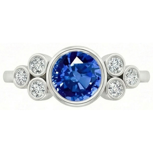Lünette Set Ceylon Saphir und Aus der Erde Abgebauter Natürlicher Diamant Ring Weißgold 14K 2.70 Ct