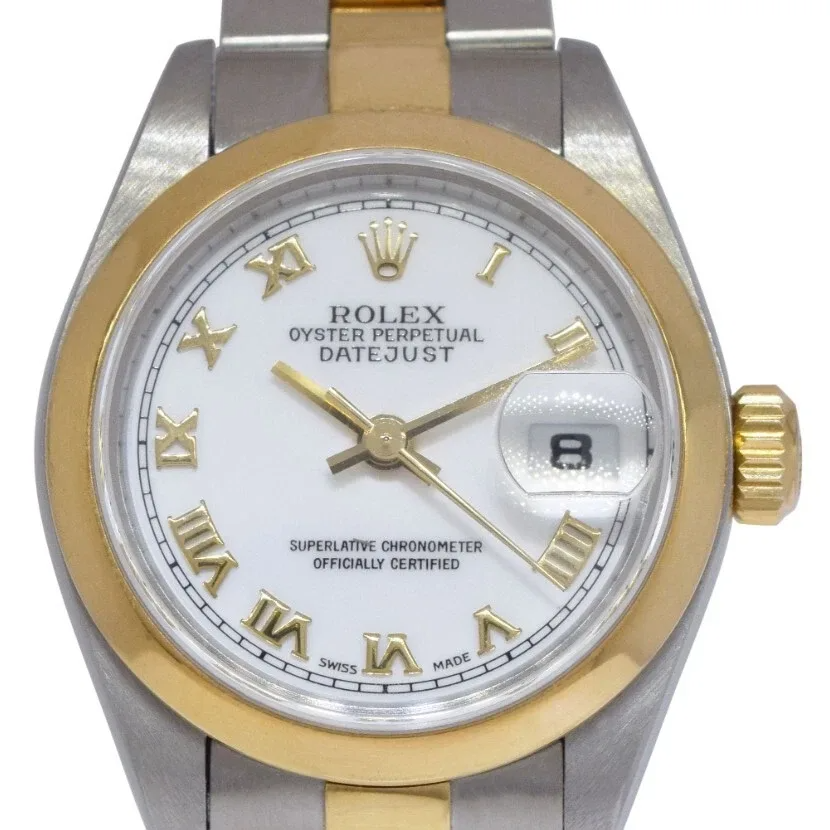 Lünette, weißes römisches Zifferblatt, Datejust Rolex-Uhr, Edelstahl und goldenes Armband
