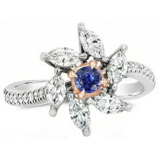Marquise Aus der Erde Abgebauter Natürlicher Diamant Runden Saphir Ring Flower Style 2,50 Karat Zweifarbig
