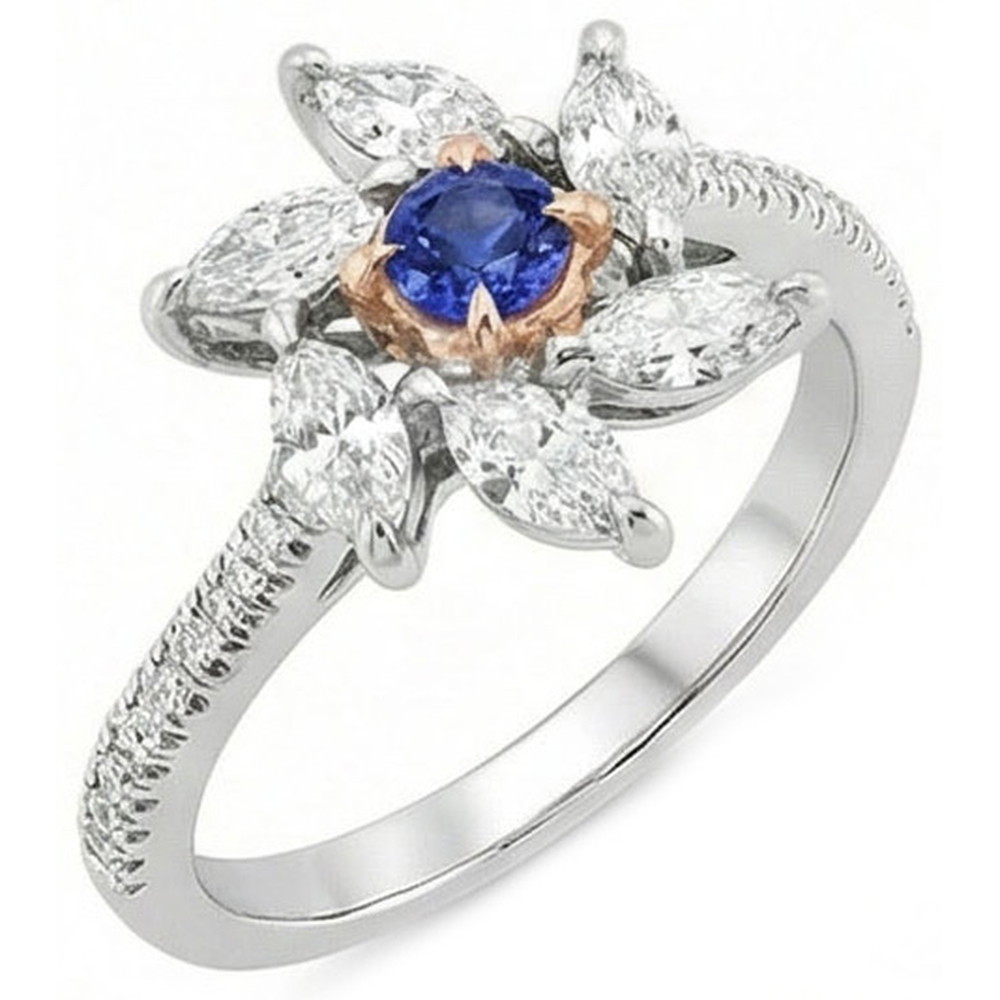 Marquise Aus der Erde Abgebauter Natürlicher Diamant Runden Saphir Ring Flower Style 2,50 Karat Zweifarbig
