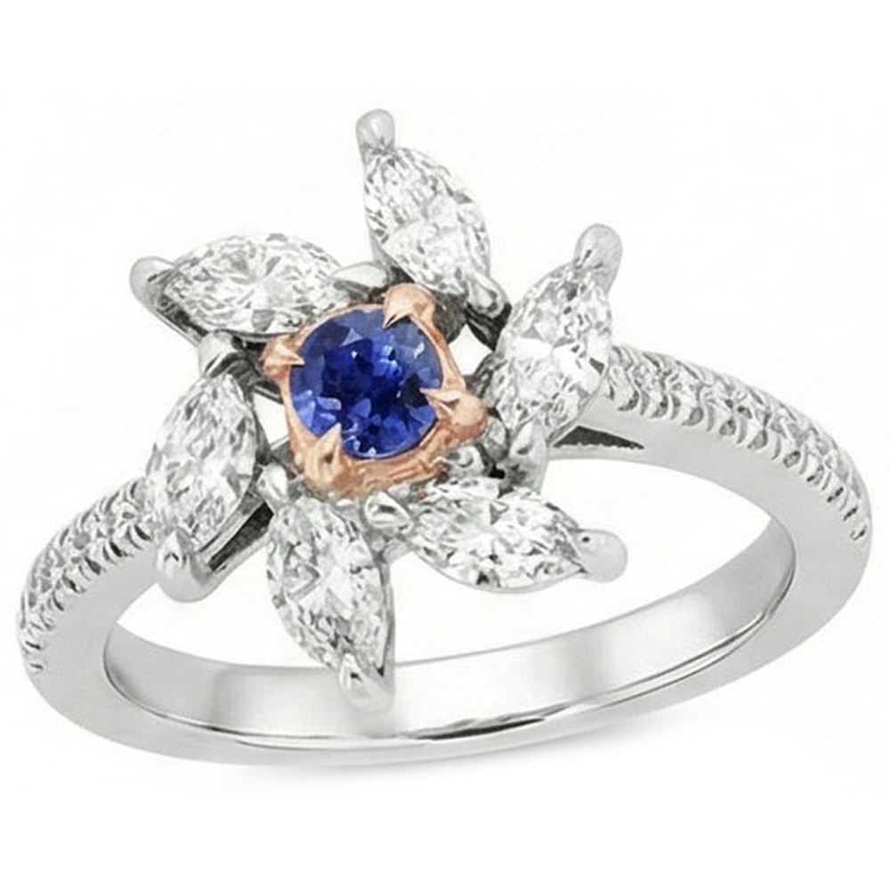Marquise Aus der Erde Abgebauter Natürlicher Diamant Runden Saphir Ring Flower Style 2,50 Karat Zweifarbig