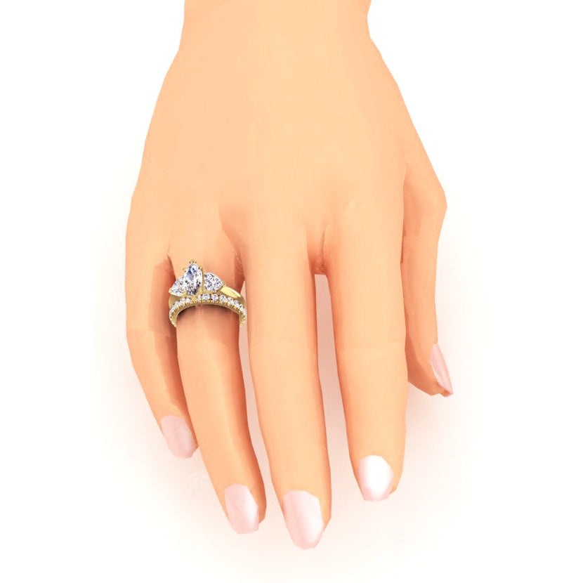  Herzdiamant 3-Stein-Ring & passendes Natürlich Goldband 3 Karat