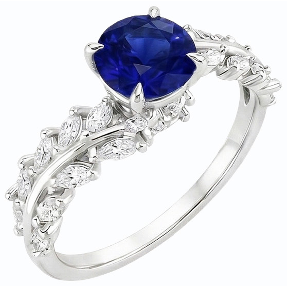 Marquise Natürlicher Diamant ( nicht im Labor gezüchtet ) & runder Ceylon Saphir Ring Leaf Style 4,50 Karat