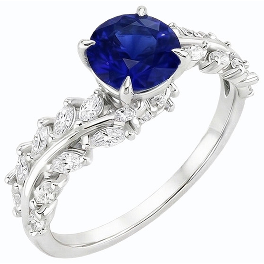 Marquise Natürlicher Diamant ( nicht im Labor gezüchtet ) & runder Ceylon Saphir Ring Leaf Style 4,50 Karat