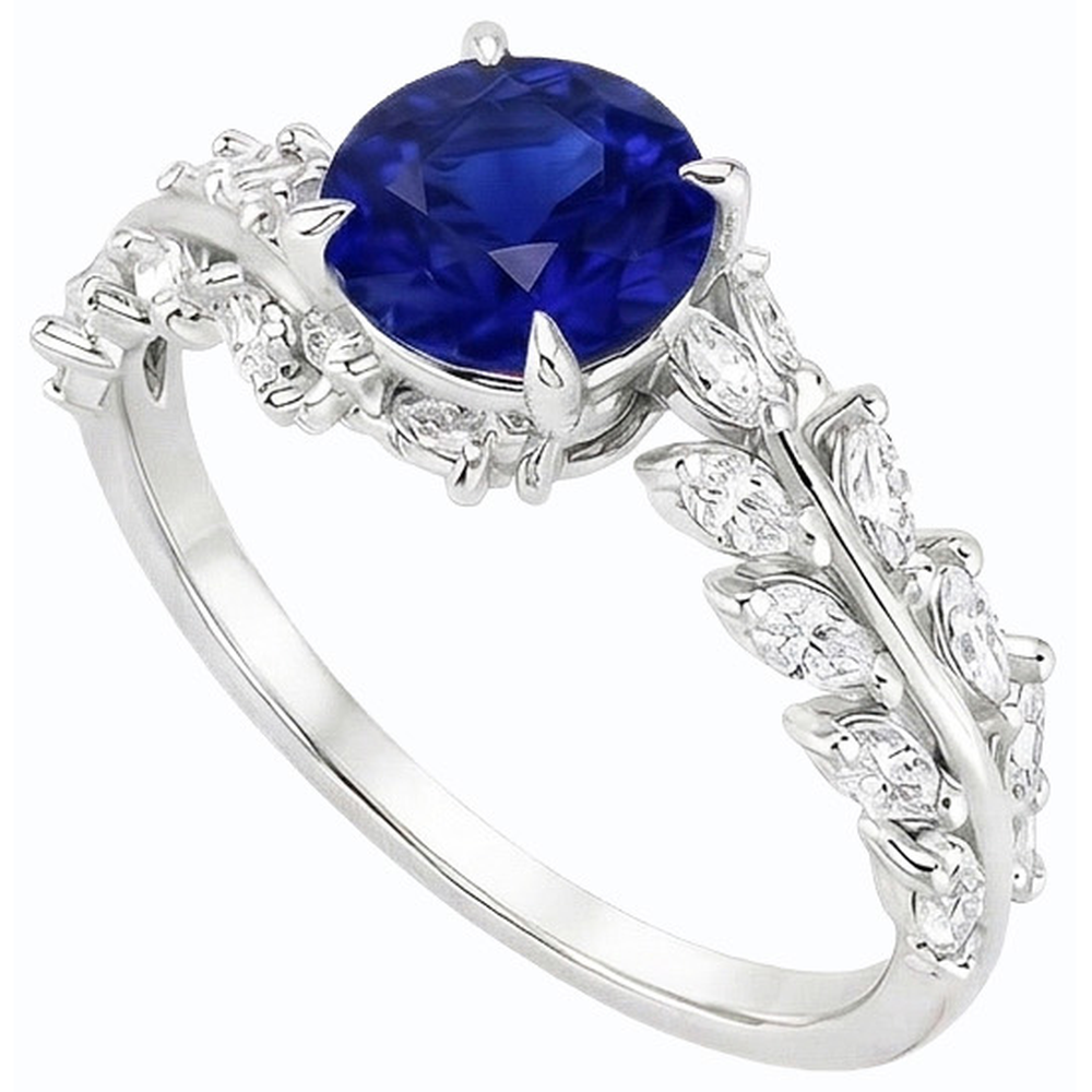 Marquise Natürlicher Diamant ( nicht im Labor gezüchtet ) & runder Ceylon Saphir Ring Leaf Style 4,50 Karat