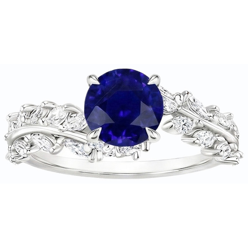 Marquise Natürlicher Diamant ( nicht im Labor gezüchtet ) & runder Ceylon Saphir Ring Leaf Style 4,50 Karat