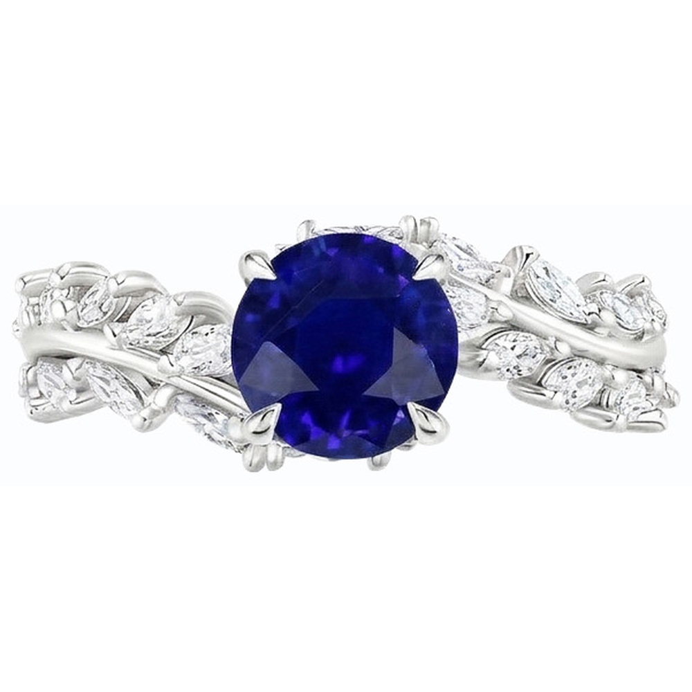 Marquise Natürlicher Diamant ( nicht im Labor gezüchtet ) & runder Ceylon Saphir Ring Leaf Style 4,50 Karat