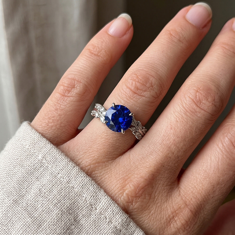 Marquise Natürlicher Diamant ( nicht im Labor gezüchtet ) & runder Ceylon Saphir Ring Leaf Style 4,50 Karat