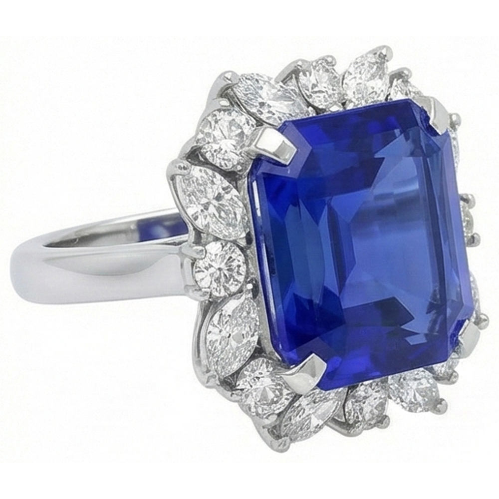Marquise & runder Aus der Erde Abgebauter Natürlicher Diamant Halo Saphir Ring 9 Karat Blumenstil