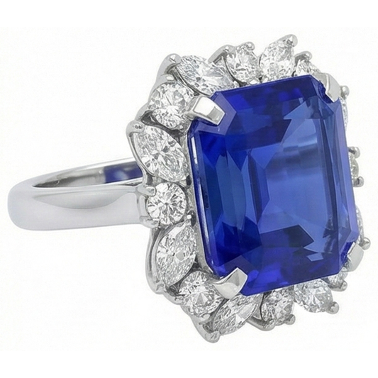 Marquise & runder Aus der Erde Abgebauter Natürlicher Diamant Halo Saphir Ring 9 Karat Blumenstil