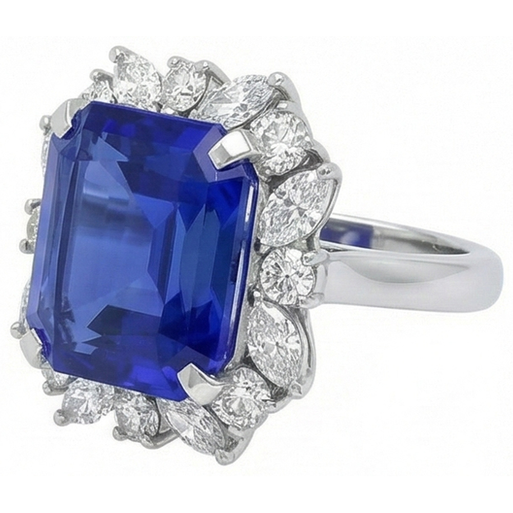 Marquise & runder Aus der Erde Abgebauter Natürlicher Diamant Halo Saphir Ring 9 Karat Blumenstil