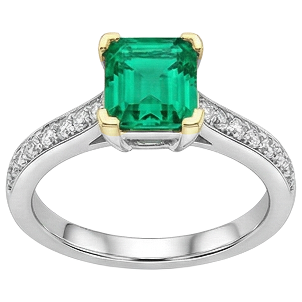 Treppen-Schliff Smaragd Ring in Bicolor 14K Gold – Schrägansicht