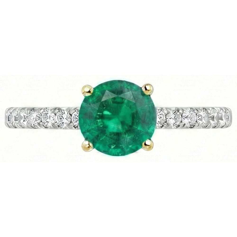 Rund-Brillant Edler Smaragd Ring in 14 Karat Zweifarbig Gold – Schrägansicht