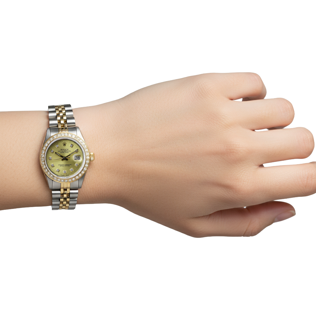 Mittelgroße 31-mm-Datejust-Rolex-Uhr mit individueller Diamantlünette, Gold und Edelstahl P5