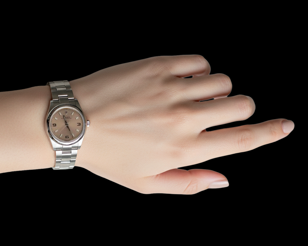 Mittelgroße 31-mm-Rolex-Uhr mit glatter Lünette und rosafarbenem Zifferblatt P5