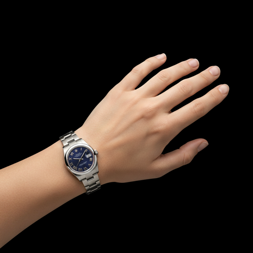 Mittelgroße 31 mm Date Just Rolex-Uhr, glatte Lünette, römisches Zifferblatt, Edelstahl P5